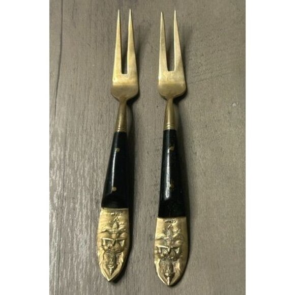 Vintage Siam Thailand Buddha Brass & Teak Wood 1950s MCM Mini Flatware Fork Set - Picture 1 of 3